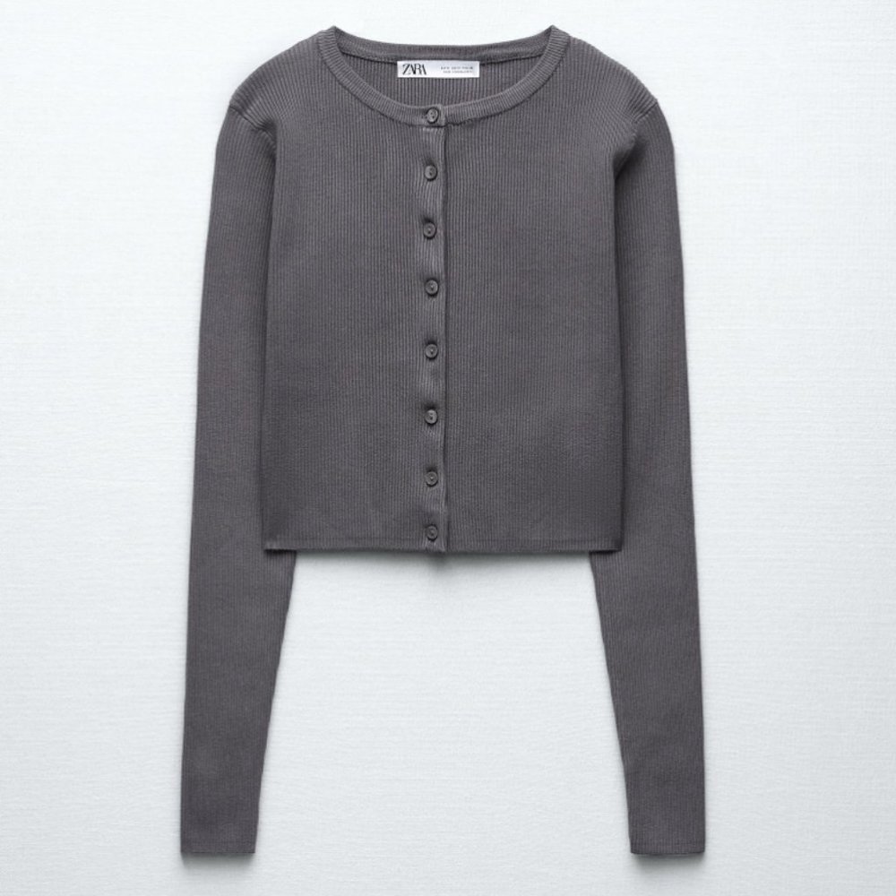 High Quality Zara Grey Ribbed Button-Up Cropped Cardigan